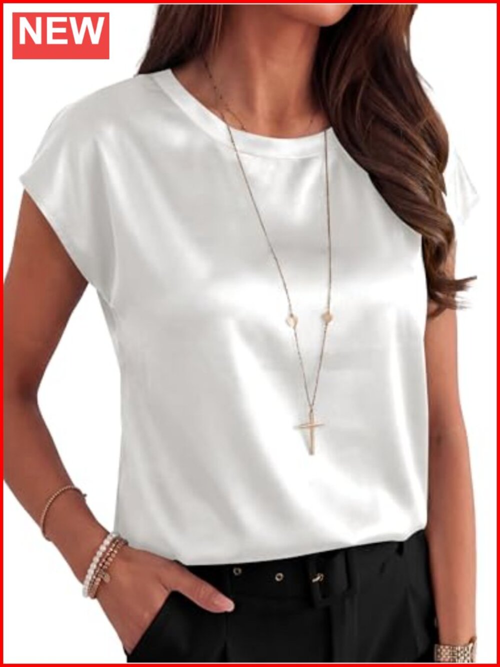 Silky Satin Cap Sleeve Blouse Crew Neck Womens Dressy Business Casual Office Top - Picture 2 of 6